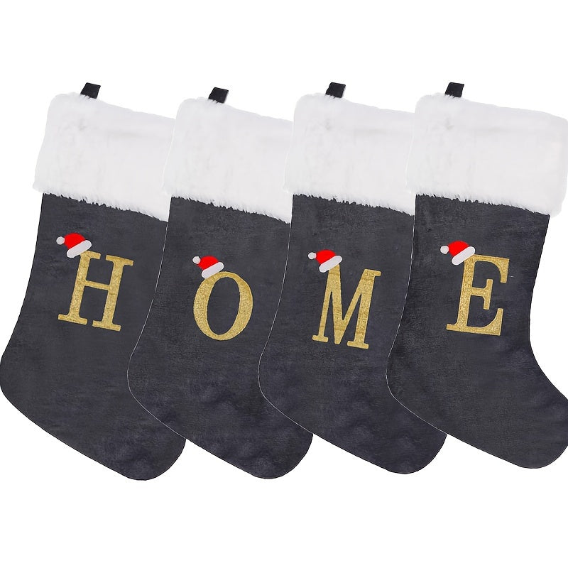 Modern Christmas stocking featuring 'HOME' embroidery in grey and white, made of polyester flannel, 43.18cm in length, feather-free, perfect holiday gift.