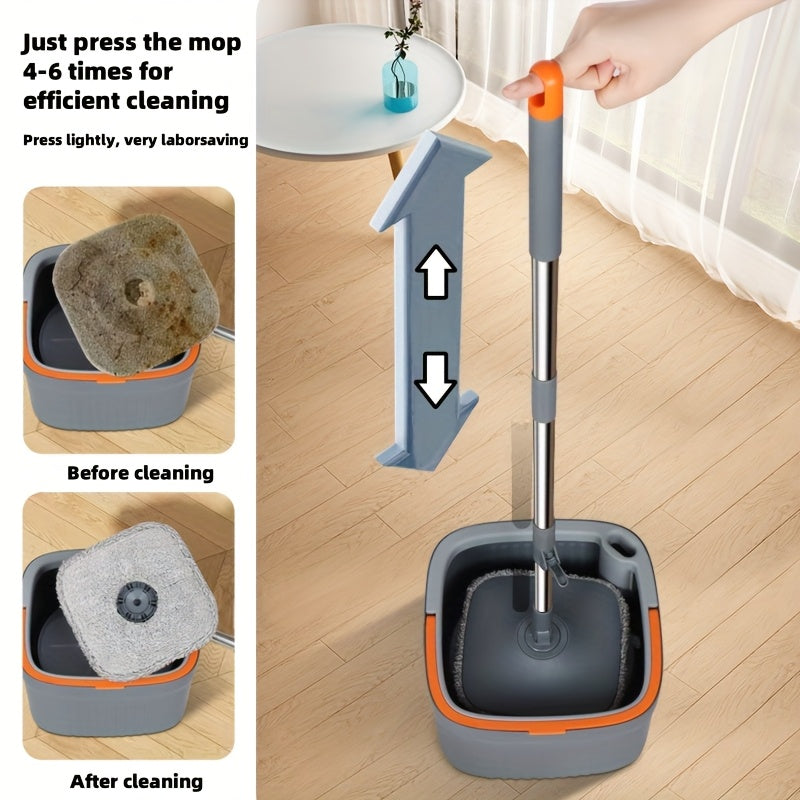 Hands-Free Washing Mop and Bucket Kit with 2 Reusable Pads - Perfect for Hardwood, Tile, and Laminate Floors in Kitchens, Bathrooms, and Living Rooms - Dual-Action Design, Stainless Steel & Plastic Materials - No Electricity Required