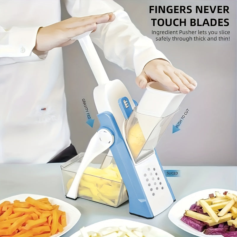 Manual vegetable chopper and slicer with interchangeable blades, made of stainless steel and plastic. A safe and easy-to-use kitchen gadget for chefs at home. Suitable for cutting fruits, vegetables, potato chips, and dicing onions.