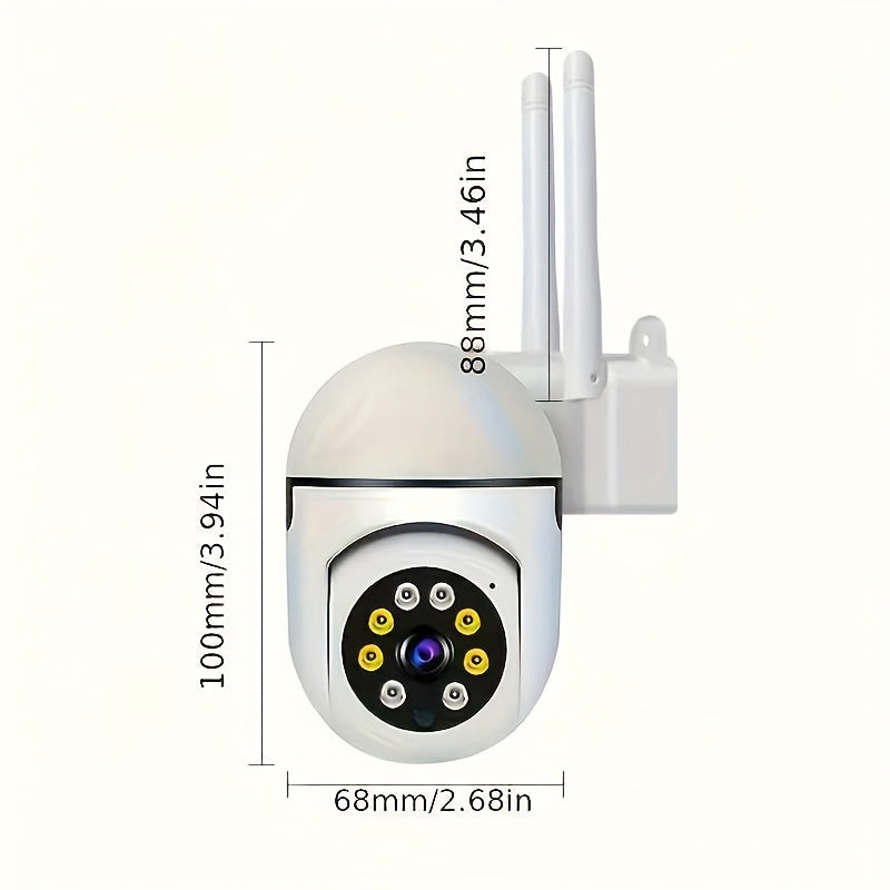 The YIIYRY 1080p HD Smart Security Camera offers 360° Pan/Tilt/Zoom capabilities, Night Vision, Two-Way Audio, Pet Detection, and is suitable for both indoor and outdoor use. It is USB powered and Wi-Fi enabled, housed in a sleek round ABS design.