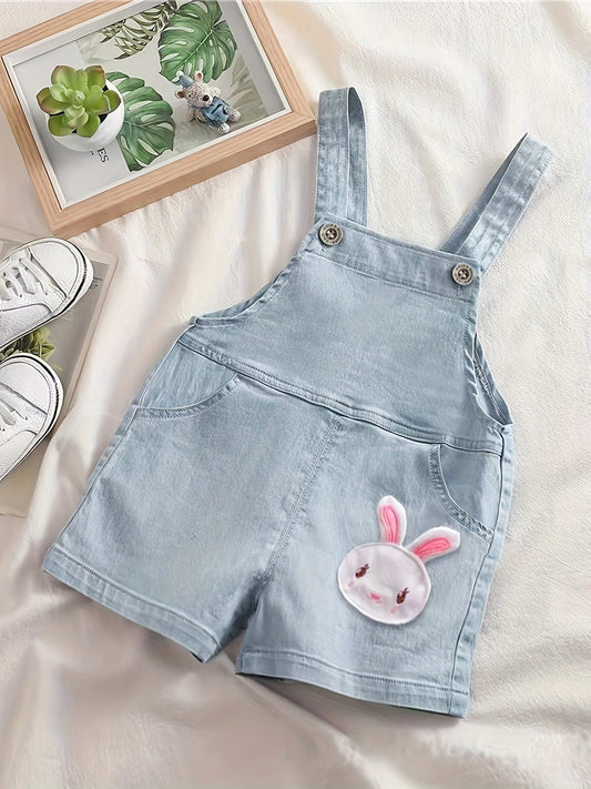 Cute rabbit patched denim jumpsuit for baby girls, perfect for summer.