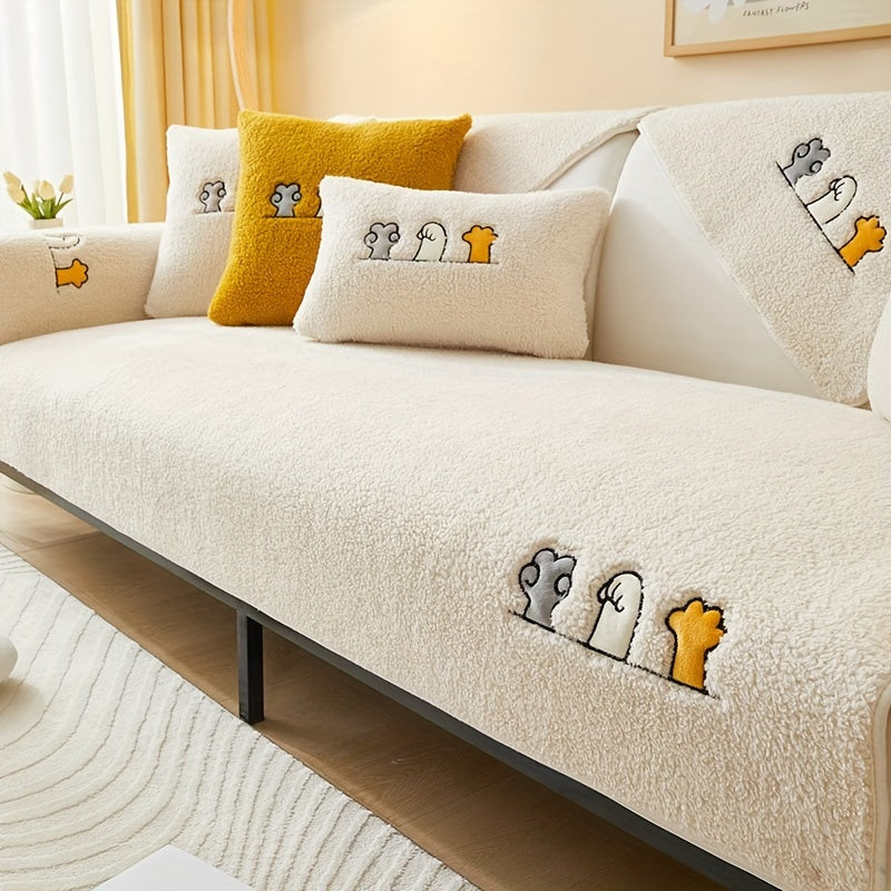 Plush Shearling Sofa Cover with Animal Embroidery - Pet-Friendly, Non-Slip Protector for All Sofa Sizes - Soft Decor for Living Room, Bedroom, Office.