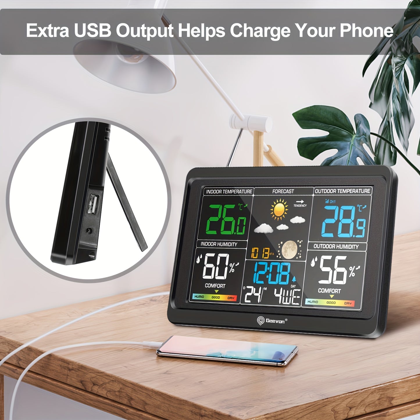 Geevon Wireless Weather Station features a color display and includes an indoor/outdoor thermometer, barometer, calendar, USB charging port, adjustable backlight, and multi-channel support