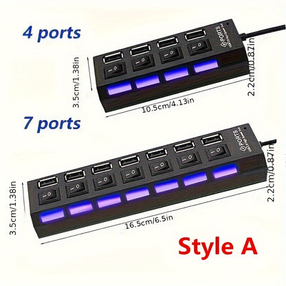 1pc USB Adapter Hub with 7 or 4 Ports, LED Light and Power On/Off Switch for PC or Laptop