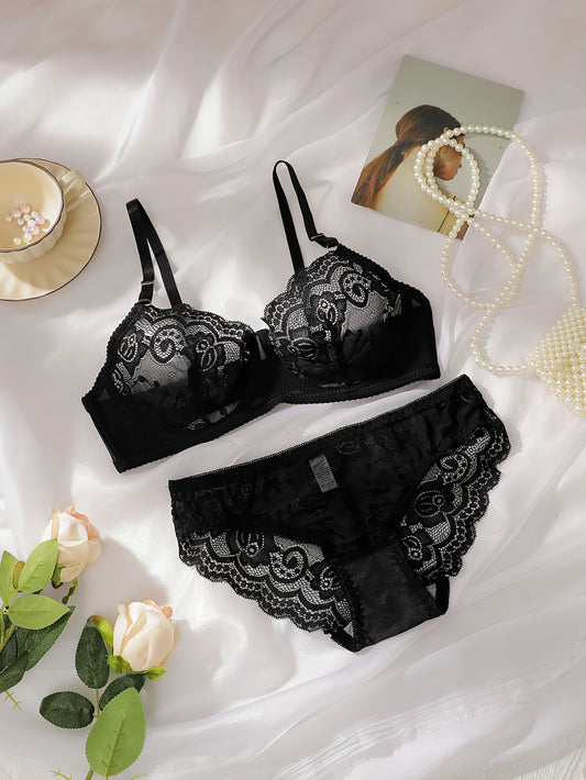 Sexy lace lingerie set for women, mid-rise bra and panties, adult intimate apparel made of 90% polyamide and 10% elastane.