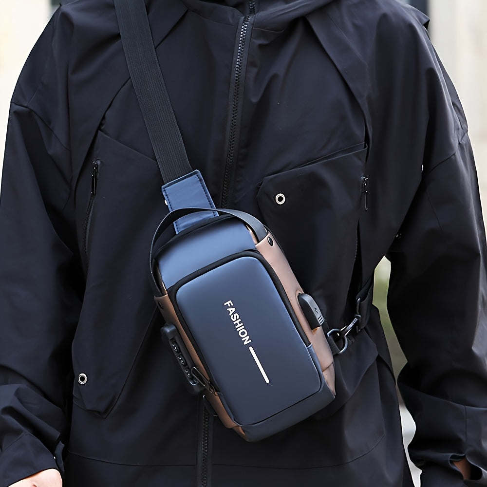 Men's sling bag made of durable Oxford fabric in blue and black. Features a phone pocket, zip closure, and is suitable for daily commute.