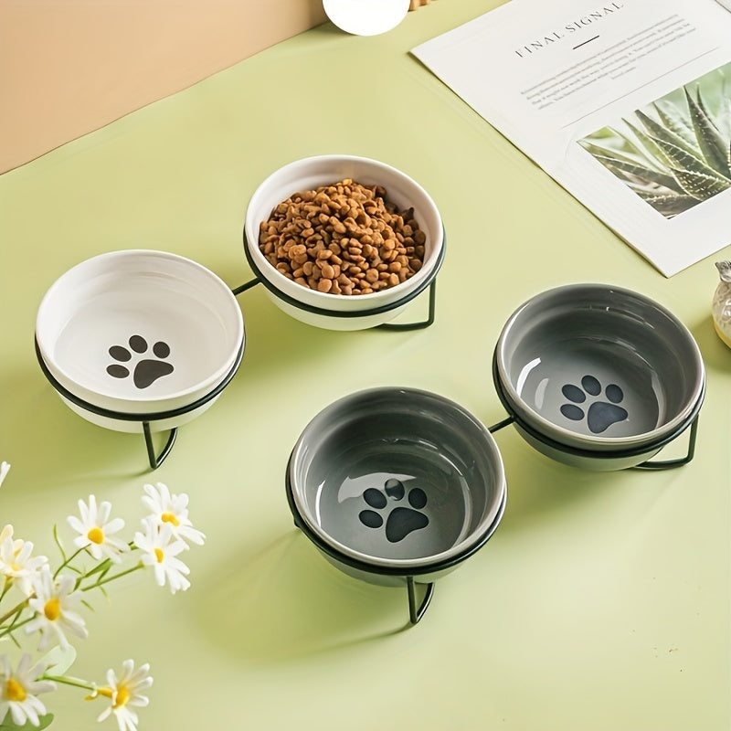 Ceramic cat bowls with iron stand - 12.19cm dual feeding dishes for cats, neck protection design