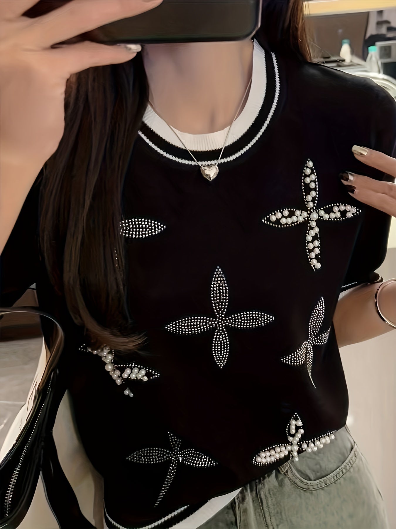 Beaded rhinestone crew neck knit top, short sleeve sweater for spring and summer, women's attire