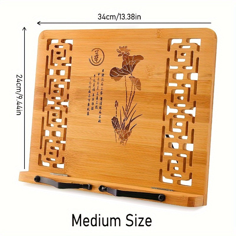 Enhanced Nan Bamboo desktop bookstand with adjustable positions and patterned hollow back. Ideal for reading, painting, gifting, and computer video. Versatile book holder for all settings