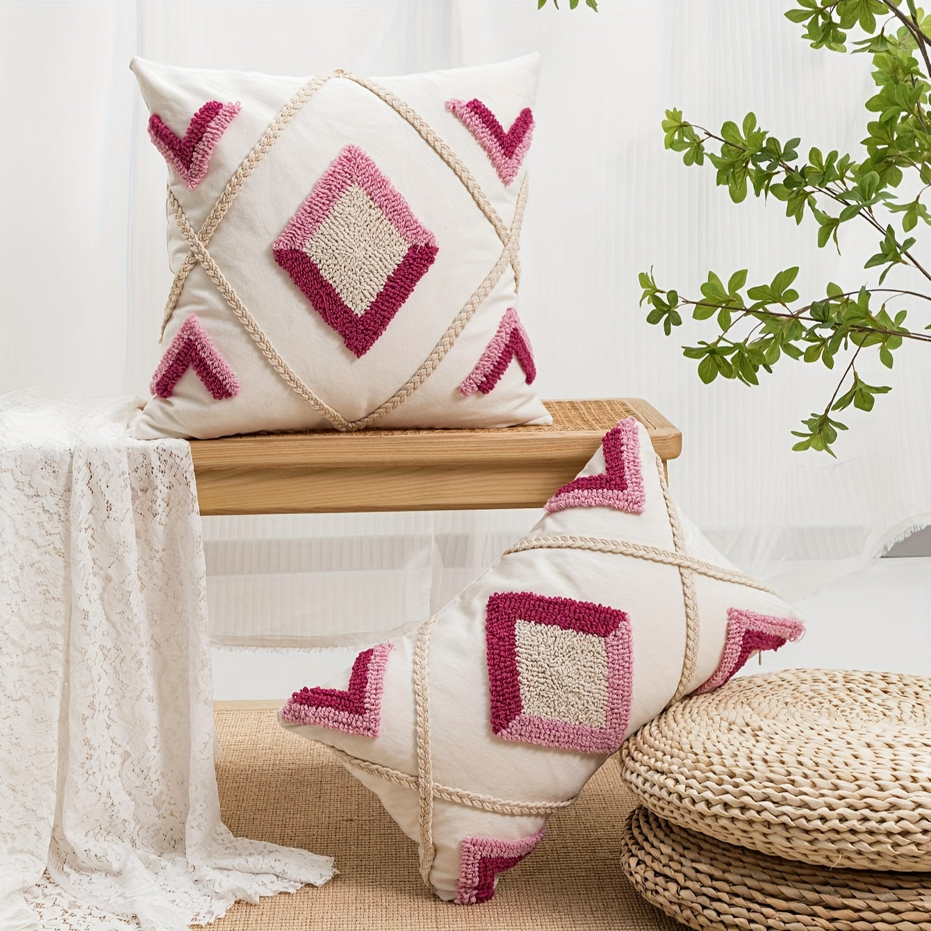 Bohemian geometric pillow cover featuring hemp rope & velvet embroidery - perfect for bedroom, living room, or sofa decor. Square design in beige with jute detailing.