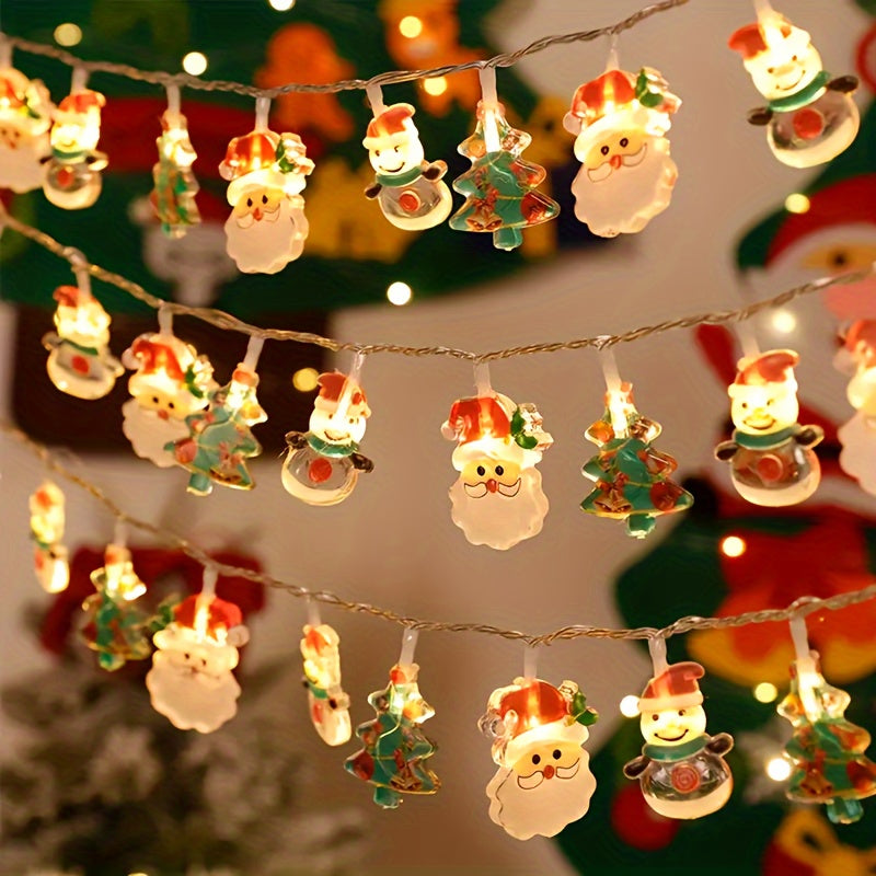 Classic Christmas LED string lights featuring Santa, Snowman, and Tree designs. Battery operated with key control, ideal for indoor festive decorations.