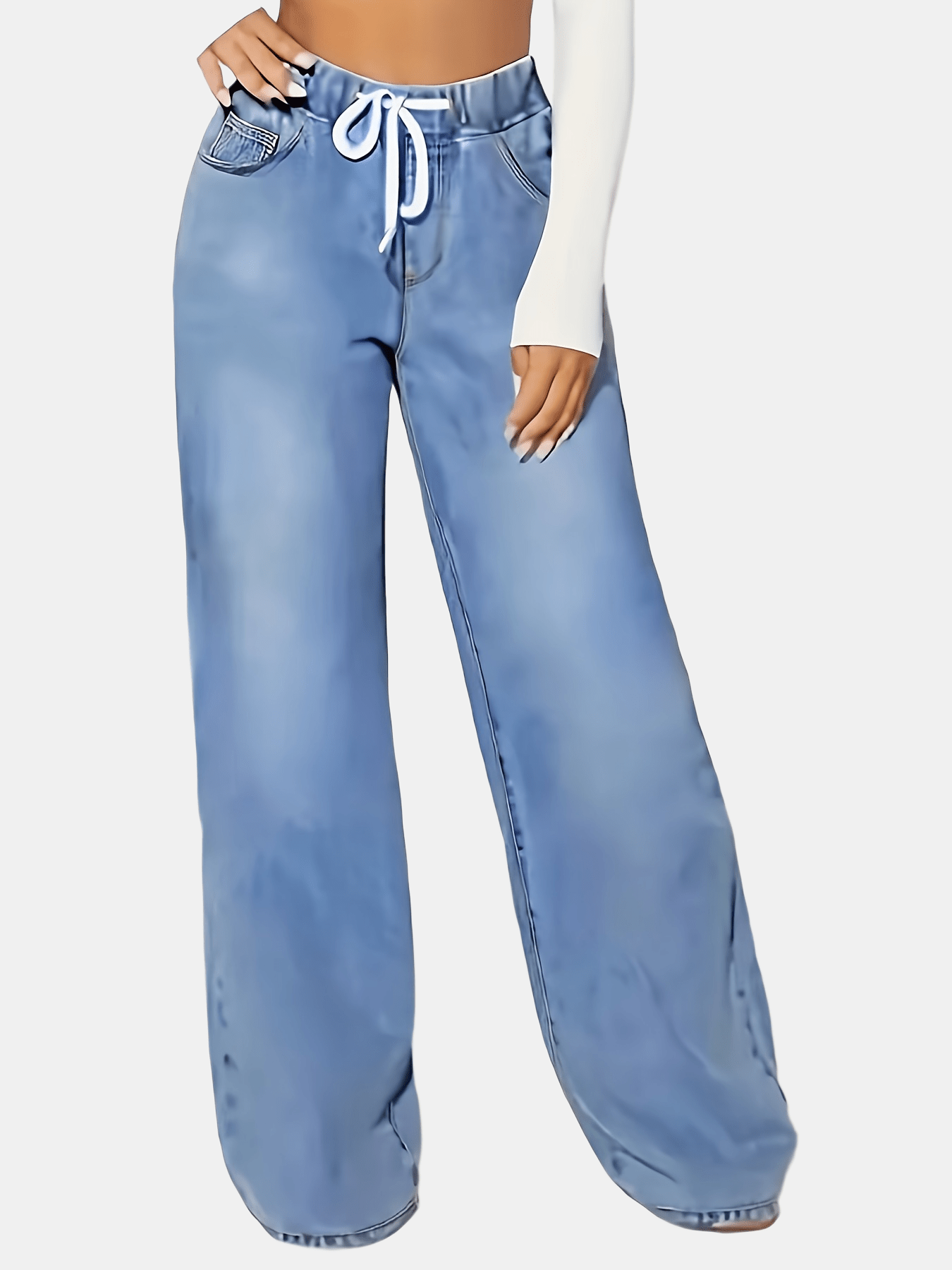 Women's light blue elastic waist drawstring washed stretchy straight-leg wide-leg jeans with slant pockets.