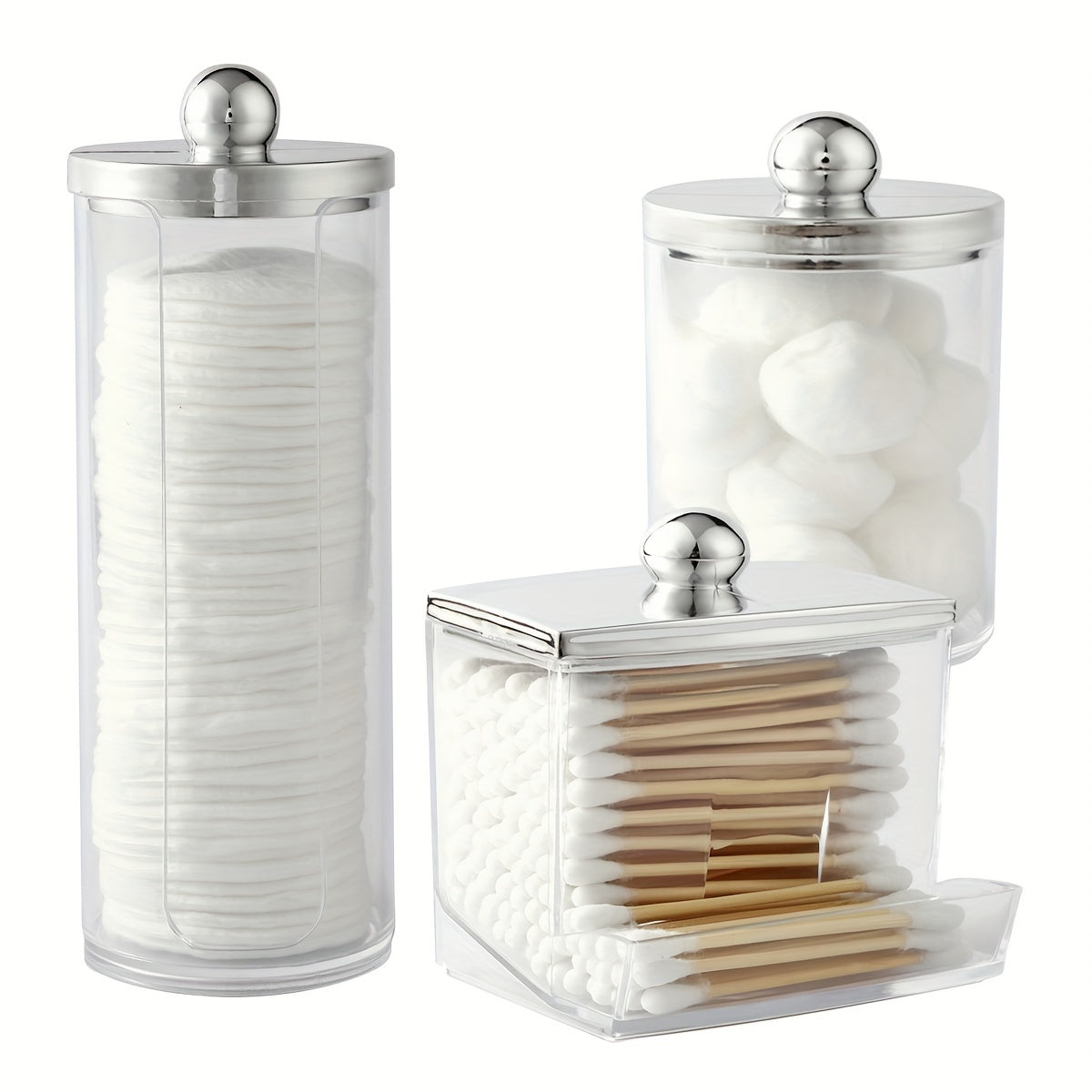 Bamboo-lidded cotton pad holder for bathroom organization.