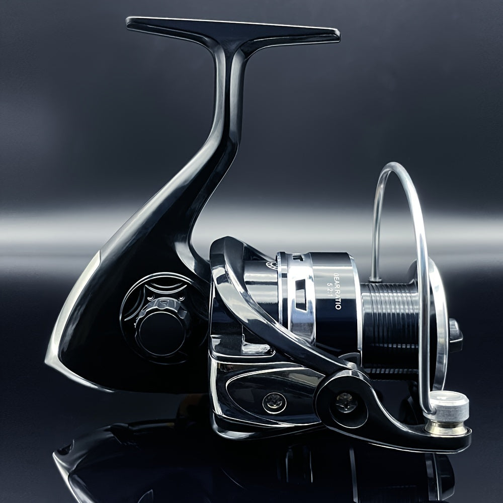 Spinning reel 1000-7000 series with smooth, sensitive performance for freshwater and saltwater fishing. Features include metal cup, folding rocker arm, and 5.2:1 gear ratio.