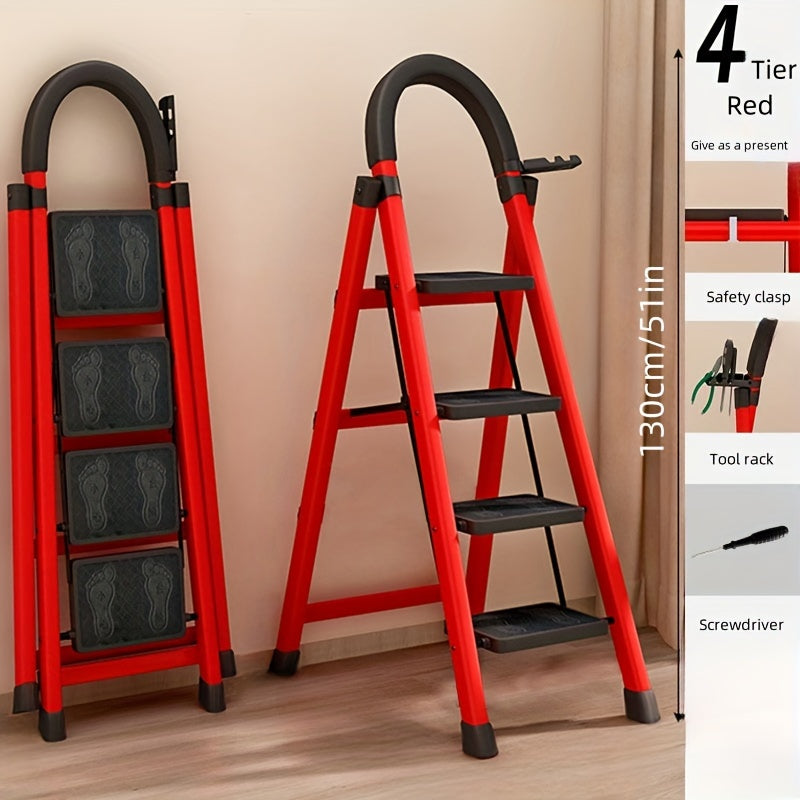 Folding step stool with 2-6 tiers, non-slip pedals, lightweight and waterproof. Ideal for kitchens, homes, libraries and offices. Made of durable steel in red with utility hooks.