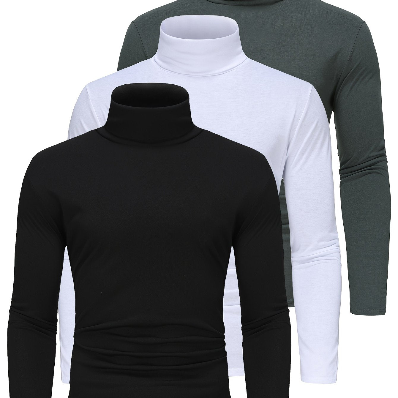 Three men's high neck long sleeve turtleneck t-shirts in solid color, made of polyester knit fabric with medium stretch, perfect for fall/winter.