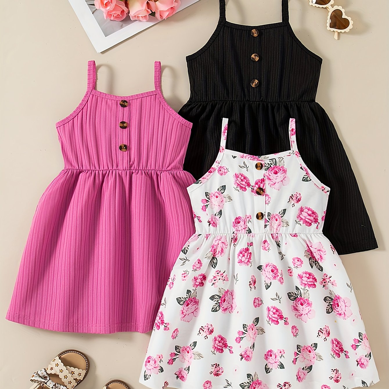 Three-piece set of fashionable strapless floral print dresses for girls.