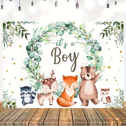 Woodland Baby Shower Background featuring green garland, fox, bear and wild animals for boy baby shower photography.