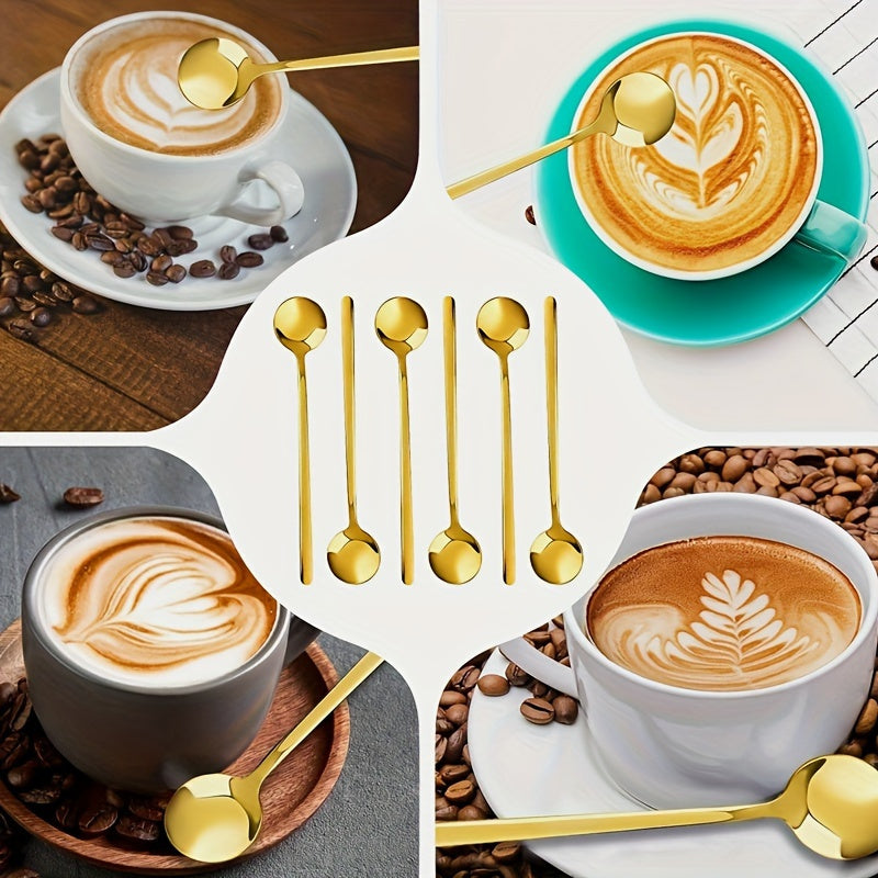 Set of 4 Long-Handle Coffee and Dessert Spoons in Elegant Golden Design - Made with Durable Stainless Steel, Ideal for Stirring Coffee, Tea, Latte, and Iced Beverages - Perfect for Home, Cafes, Restaurants, and Coffee Bars