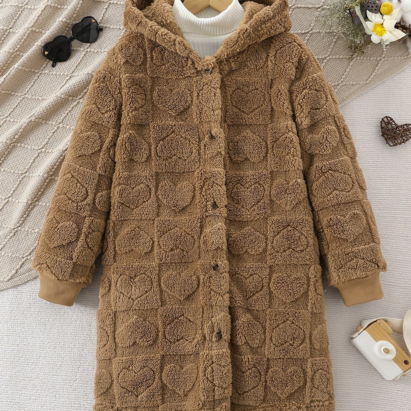 Girls' cozy fleece-lined hooded jacket in solid color with button-up long sleeves, pockets, knee-length, perfect for fall/winter. Regular style, not for deal.