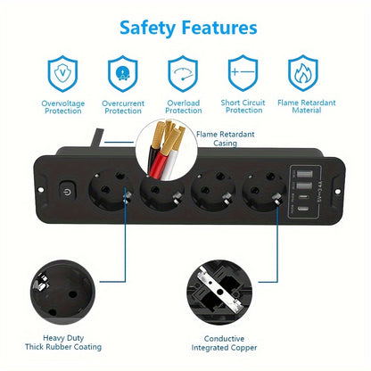 8-in-1 Power Plug Board with 4 USB ports and 4 AC sockets, 179.83cm cord, ideal for various spaces like homes, offices, and schools.