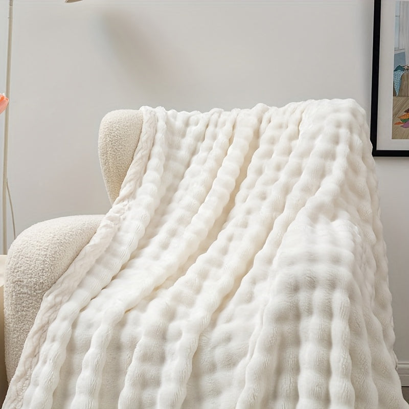 Ideal Birthday Gift: Luxurious White Bubble Fleece Blanket, made of 100% Polyester with All-Season Knit Fabric,  Soft and Cozy for Living Room, Office, Bedroom, Camping, Pet use. Versatile Throw in Contemporary Style, weighing 250-300gsm.