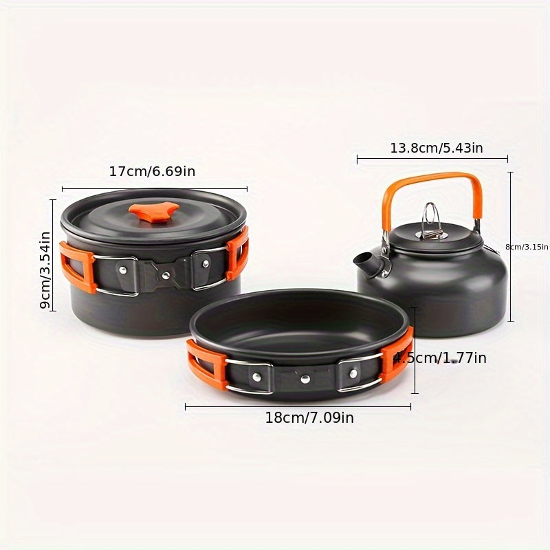 Compact Camping Cookware Set - Durable Non-Stick Aluminum Pots, Pans & Kettle for 2-3 People Enjoying Outdoor Adventures