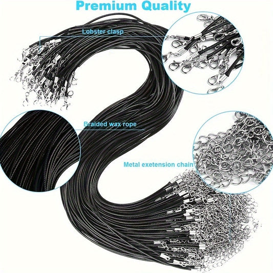 Set of 100 Nylon Cord Necklaces with Lobster Clasps, 1.5mm Thick in Black Korean Waxed Rope Chains for Crafting Jewelry, Featuring Geometric Pattern Fashion Theme, No Mosaic Design, White K Plated - Available in Assorted Lengths of 45/50/60cm