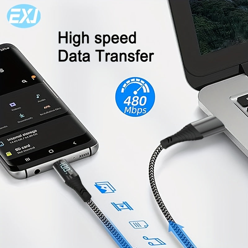 EXJ-240W Data Cable with Type C to C Fast Charging, USB A to C, Smart Digital Display, Zinc Alloy Nylon Braided Cable for iPhone, Samsung, Tablet, iPad, Mobile Phone, Power Bank, and Other