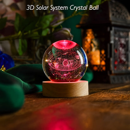 6cm USB-powered 3D Solar System Crystal Ball with Multicolor LED Base. Perfect for astronomy enthusiasts and space collectors.