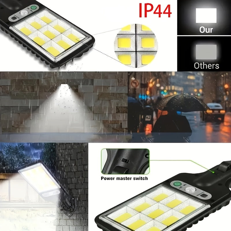 Solar-powered outdoor street light with motion sensor, remote control, and easy installation. LED wall garden lamp.