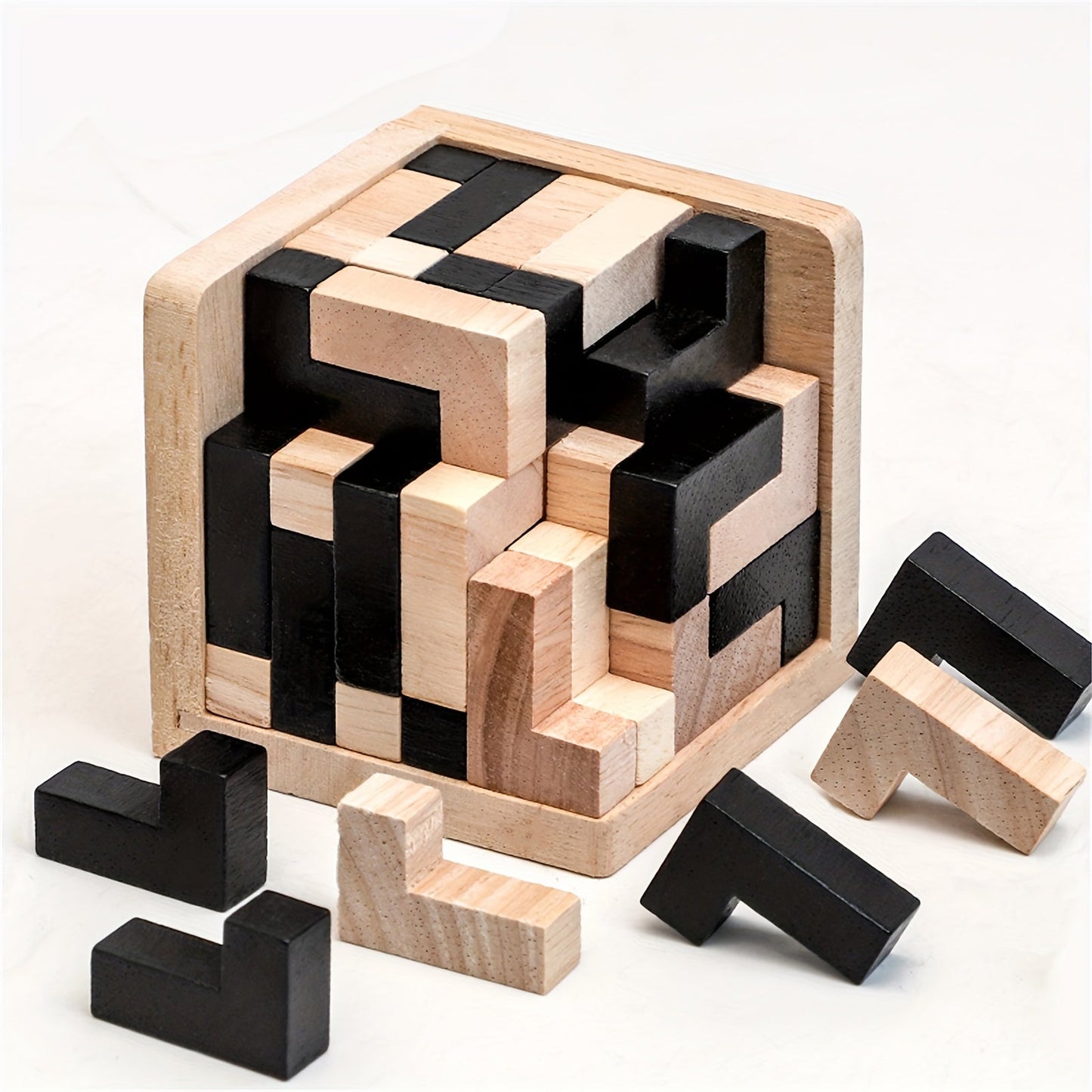 Wooden Brain Teaser Puzzle Cube with 54 Pieces, Educational L-Shaped Jigsaw Logic Puzzle Toy made of Wood