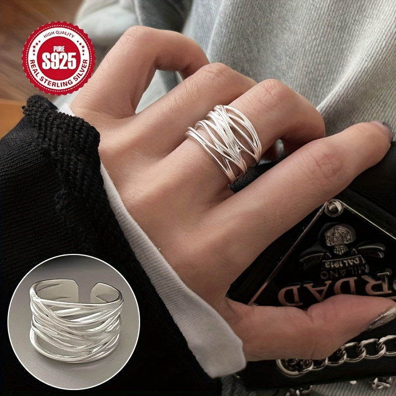 Luxurious S925 Sterling Silver Matte Wide Ring with Adjustable Open Design, Perfect for Everyday Wear or Gifting. Comes in Anti-Tarnish Gift Box and Weighing 0.25oz. Suitable for All Seasons and Resistant to Oxidation.