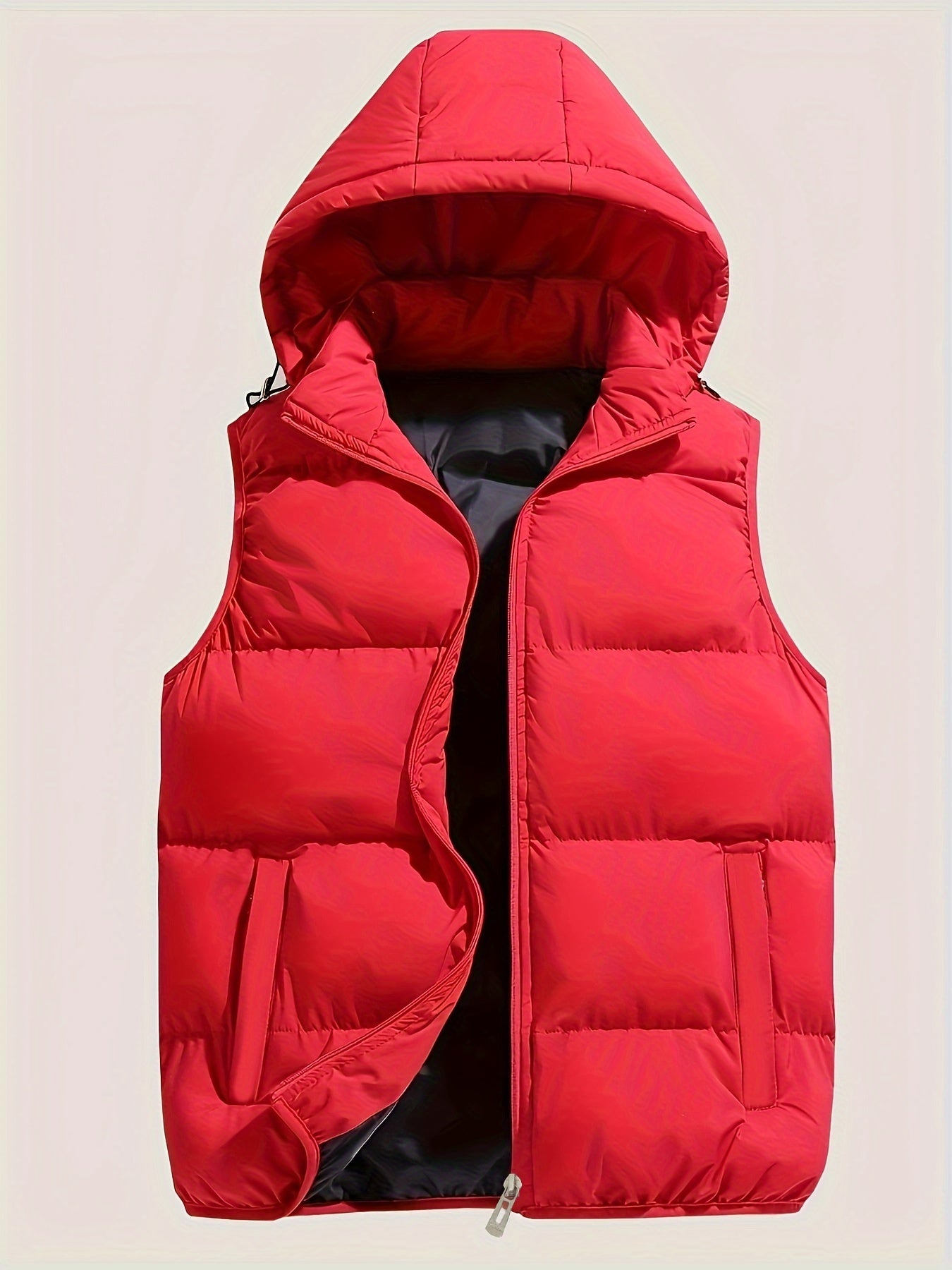 Men's casual hooded vest in solid color, zip-up with pockets and drawstring, perfect for fall/winter, plus size.