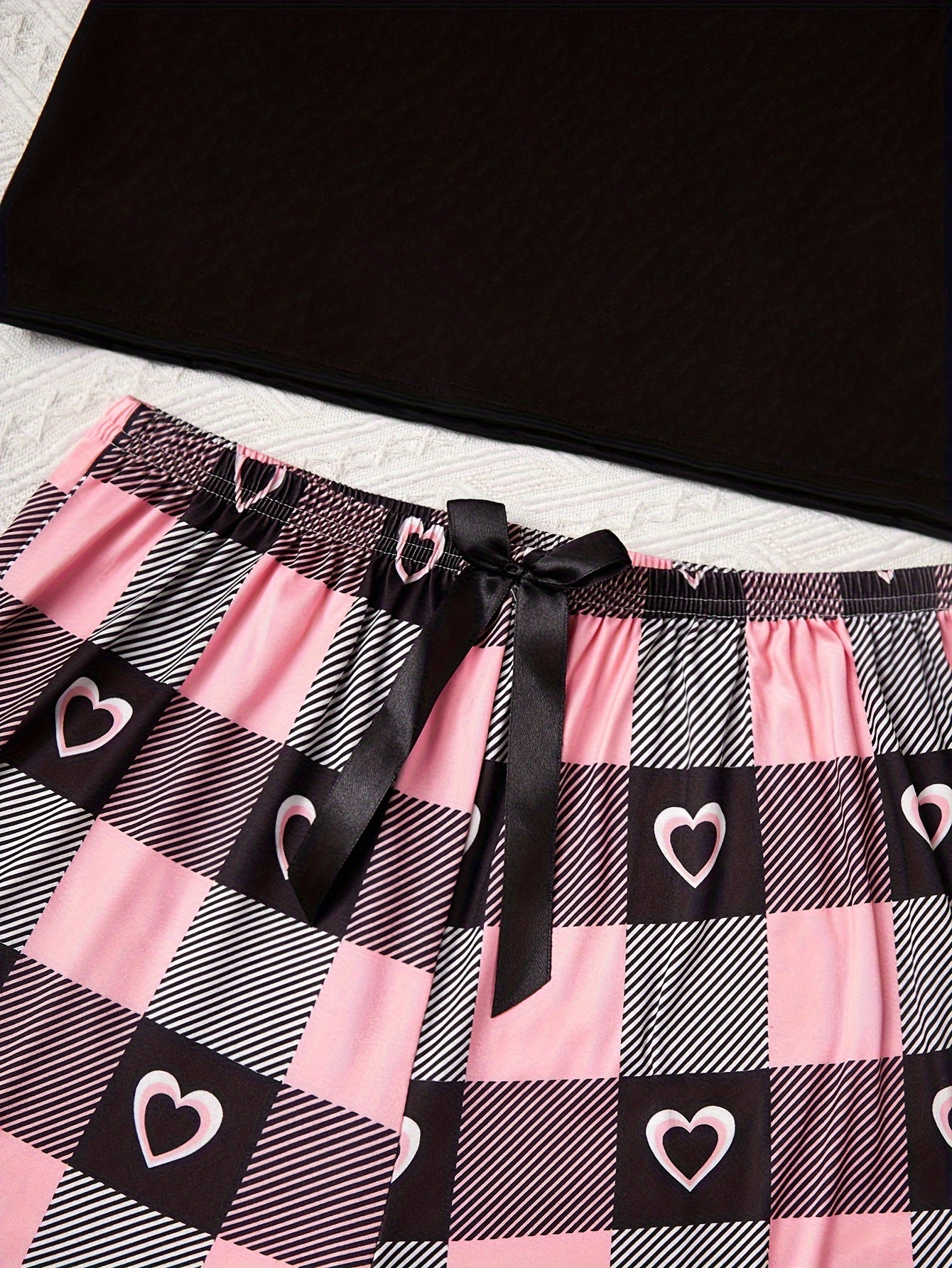 3-piece pajama set with romantic love print top, plaid shorts, and long pants with bow decoration.