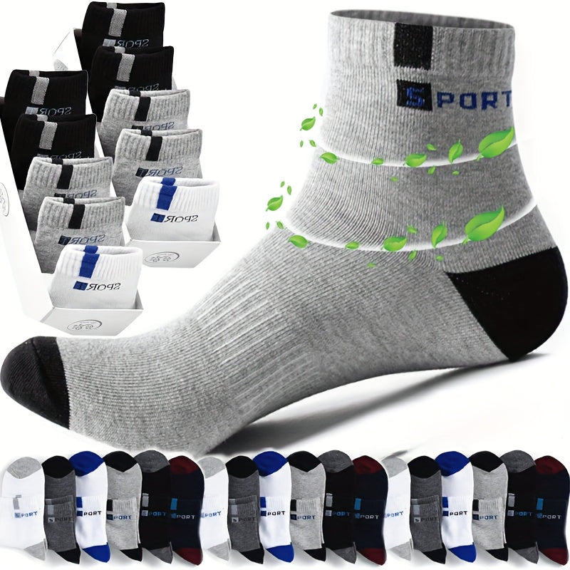 Men's athletic socks with stylish lettering, high elasticity, and moisture-wicking polyester blend. Suitable for running and outdoor sports in black, gray, white, blue, and navy options.