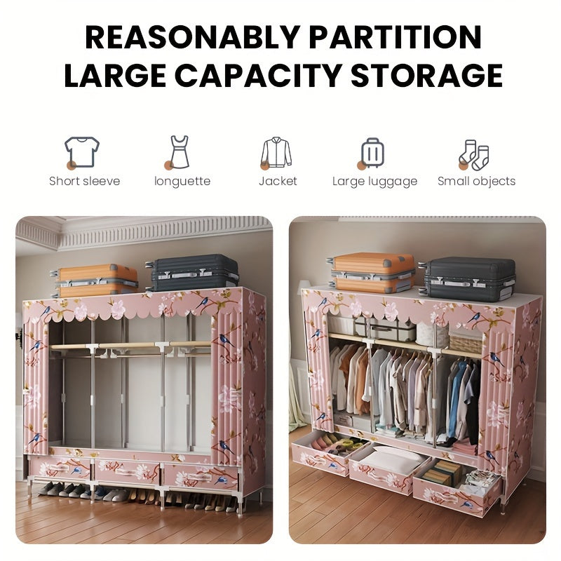 Beautiful Pink Floral and Bird Pattern Wardrobe - Simple to Assemble, Stylish Cloth Storage Closet with Cover to Keep Dust Away, Sturdy Metal Frame for Bedroom or Rental Space, Convenient and Portable Closet Organizer