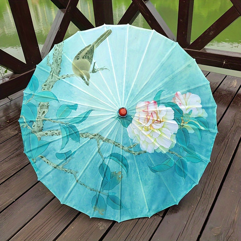 Chinese Flowers Parasol Umbrella with Cherry Blossom Sakura Floral Bamboo Handle for Sun and Rain Protection, Ideal for Weddings and Parties.