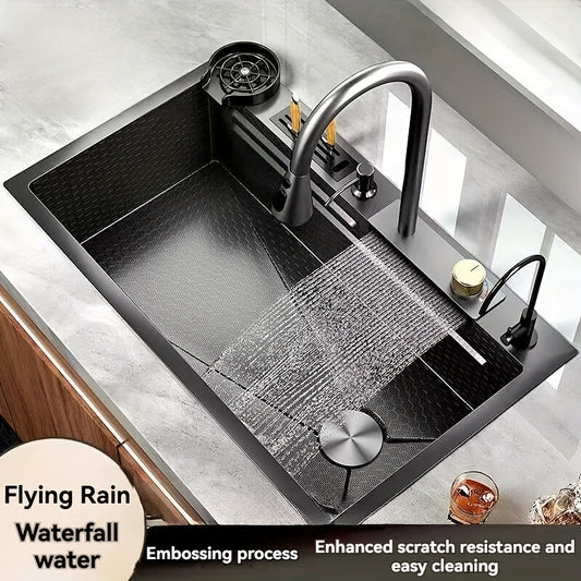 Glam Style Stainless Steel Kitchen Sink with Integrated Faucet, Right Drain, Polished Finish, Insert Mount, Waterfall Rainfall Feature, Built-in Knife Holder, for Modern Elegant Home