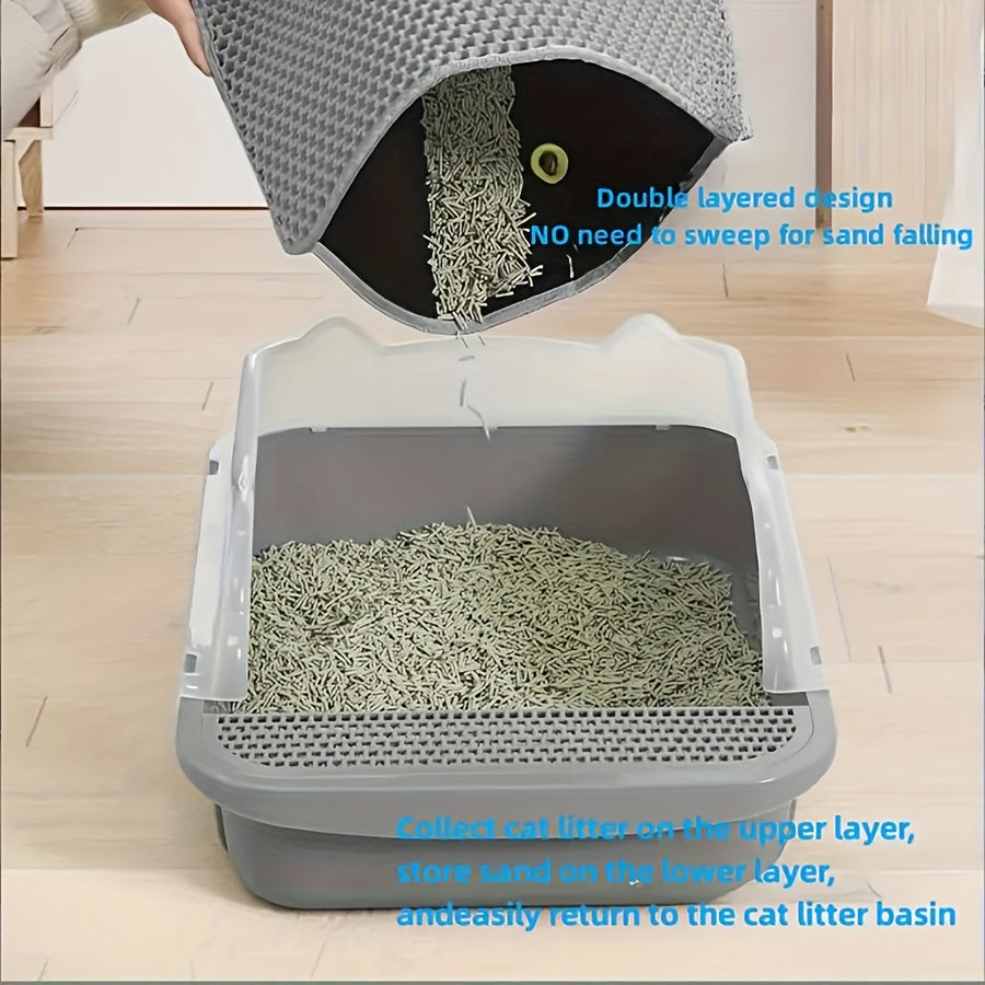 Gray double-layer cat litter mat prevents litter from being carried out or splashed. It is washable and helps control litter mess.