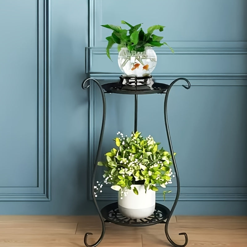 Elegant double layer metal flower stand, lightweight and durable. Suitable for both aquarium and home garden display. Perfect for indoor and outdoor plant stand with hanging flower pots.