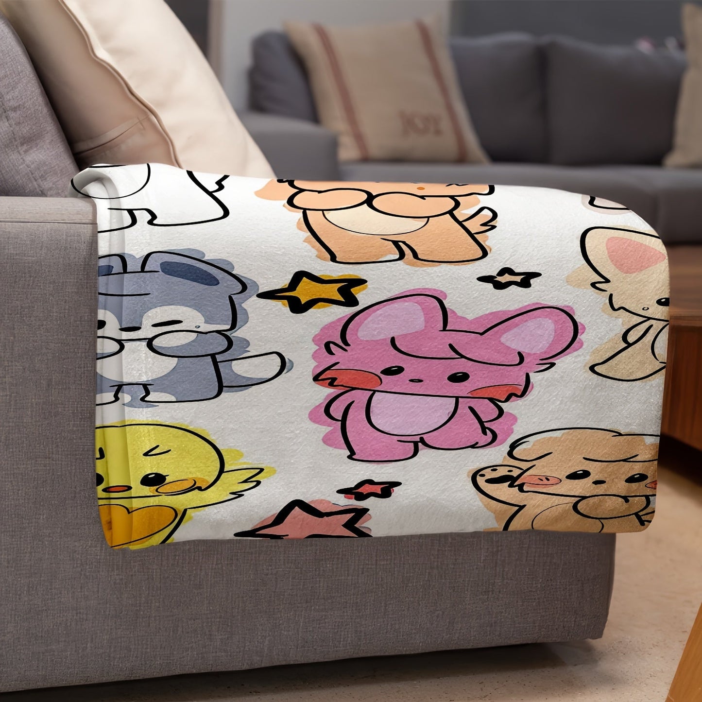 Soft flannel throw blanket featuring adorable K-POP Idol design, suitable for all seasons, easy to clean in washing machine. Stay cozy in style!