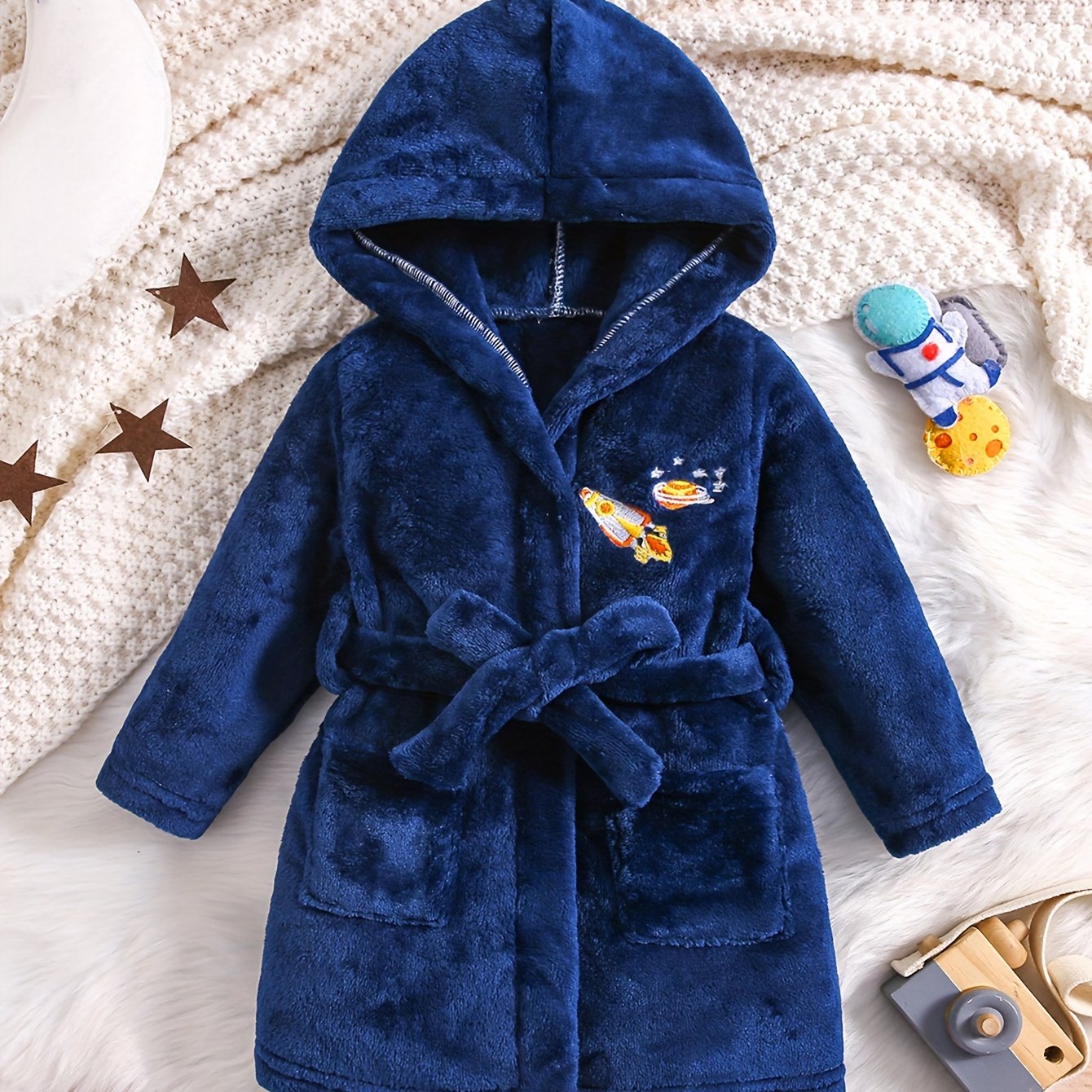 Blue flannel hooded bathrobe with rocket embroidery - cozy, thick, and machine washable for kids