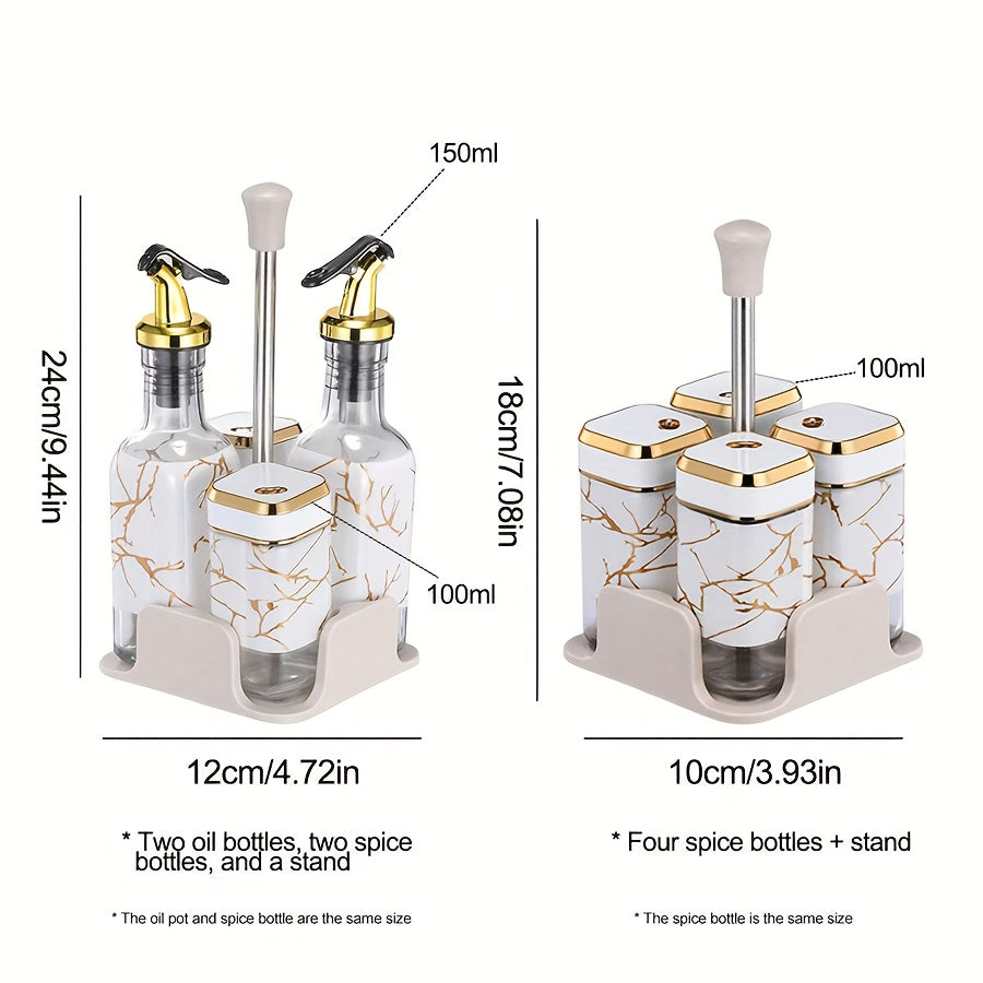Набор из 1 премиум стеклянного диспенсера для масла и уксуса с солонкой и перечницей - поставляется с подставкой в мраморном узоре для кухни и столовой. Включает бутылки объемом 150 мл и 2 по 100 мл.