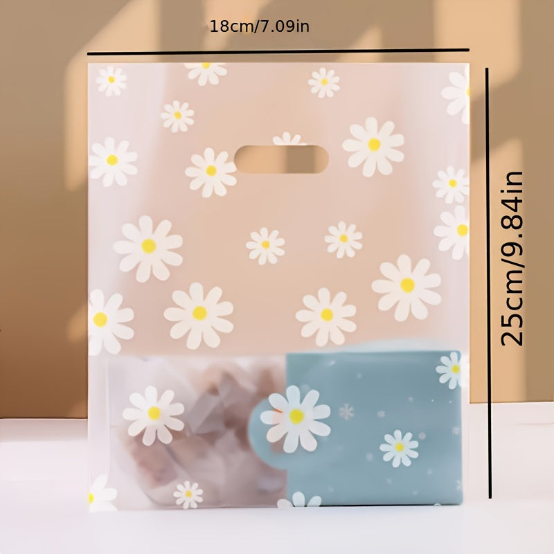 50 Thickened White Daisy Frosted Plastic Bags with Handles for Gifts - Transparent, Reusable Packaging with Easy Carry Handle