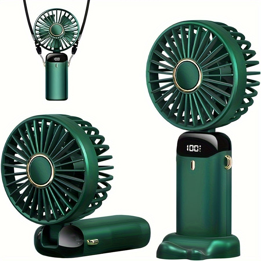 Portable Handheld Fan with LED Display - Rechargeable, Quiet Operation, Adjustable Angle, USB Powered Mini Fan for Indoor & Outdoor Use, Ideal for Office, Bedroom, Travel & Camping, Includes Base and Battery Option, Suitable for Desktop Use