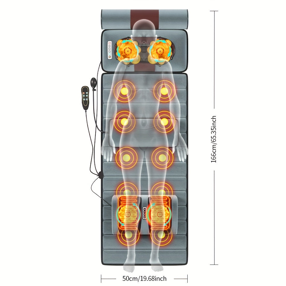 Full-body massage mat with heat and foot massager, including whole body vibration, 9 massage settings, and 3 timer options. Targets back, neck, lumbar, legs, and feet.