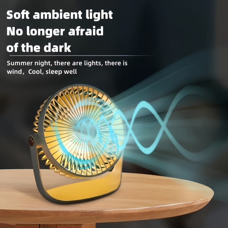 JKUOO Portable Desk Fan with LED Night Light, 2.5W USB Rechargeable Table Fan, 5-Speed High-Powered Quiet Motor, 1200mAh Lithium Battery, Button-operated, Made from Durable Plastic, Suitable for Office, Fishing, Camping, and Travel