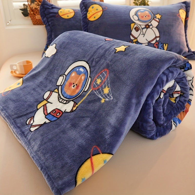 Soft and cozy flannel blanket featuring a cute cartoon print, perfect for use on the couch, sofa, bed, office, camping, or traveling.