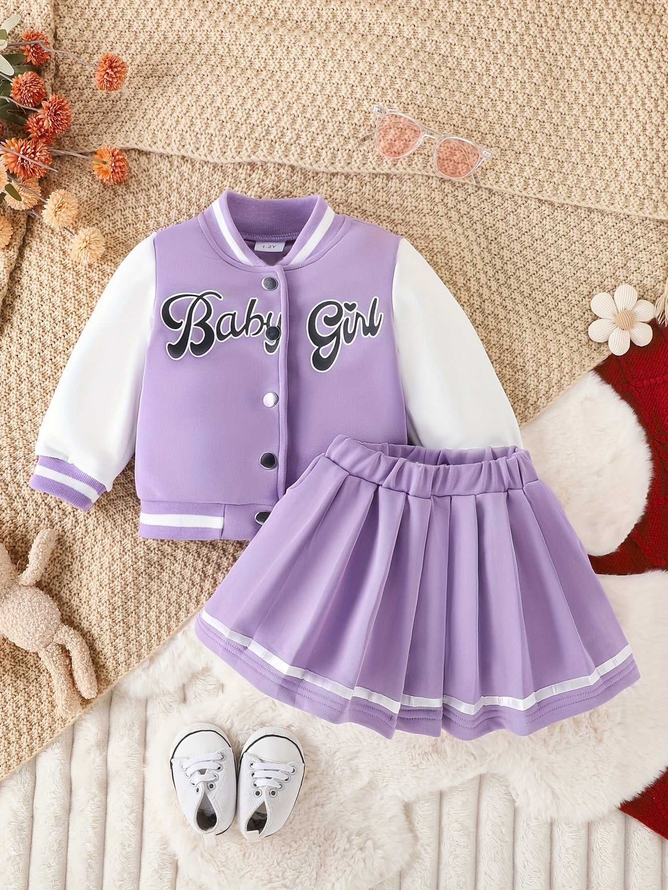 Preppy Style 2-piece BABY GIRL Print Baseball Jacket and Pleated Skirt Set for Parties and Sports, a perfect gift idea.